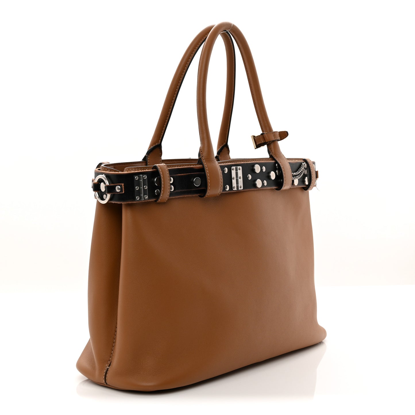 Soft Grain Calfskin Studded Large Buckle Bag With Belt Caramel Black