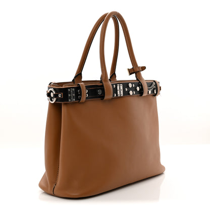 Prada Soft Grain Calfskin Studded Large Buckle Bag With Belt Caramel Black 3 of 10