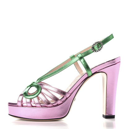 Gucci Metallic Nappa Crystal Zephyra Slingback Platform High Heel Sandals 36.5 Rosa Jasmine Green 1 of 8