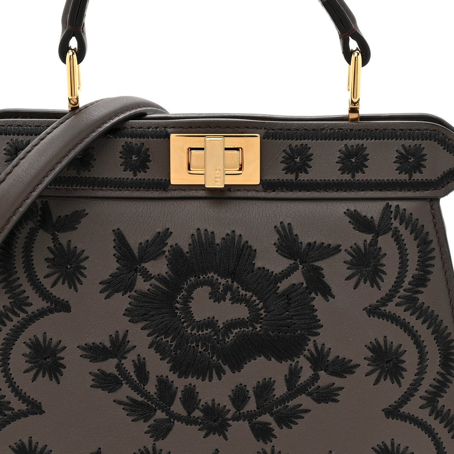 Fendi Vitello Seta Shiny Nappa Floral Embroidered Petite Peekaboo I SEE U Satchel Carbone Black 10 of 14