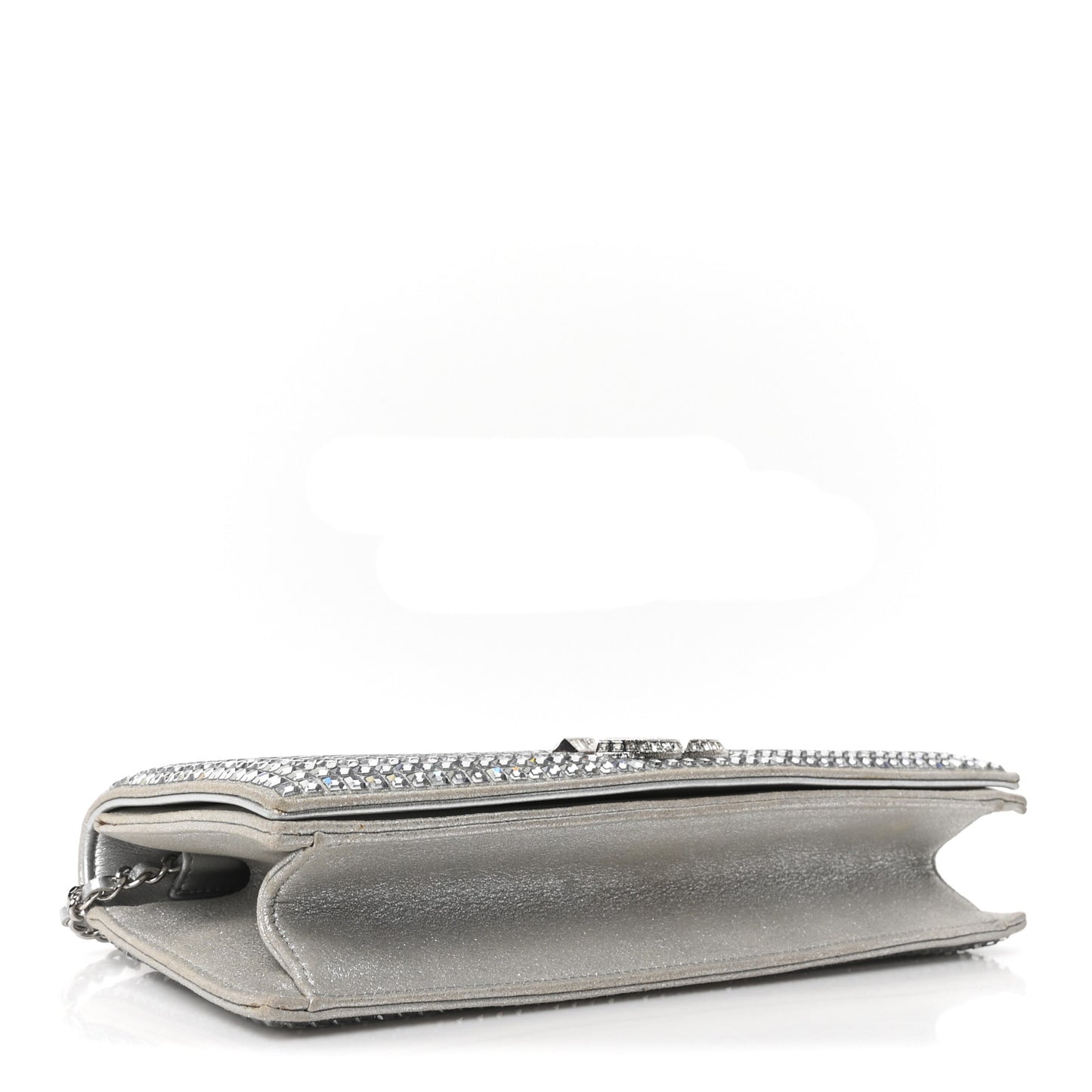 Metallic Goatskin Strass Chain Evening Clutch Silver