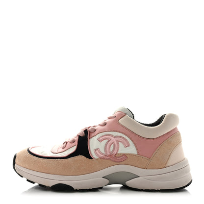 Chanel Nylon Lambskin Suede Calfskin CC Sneakers 38.5 Pink White Black 1 of 14