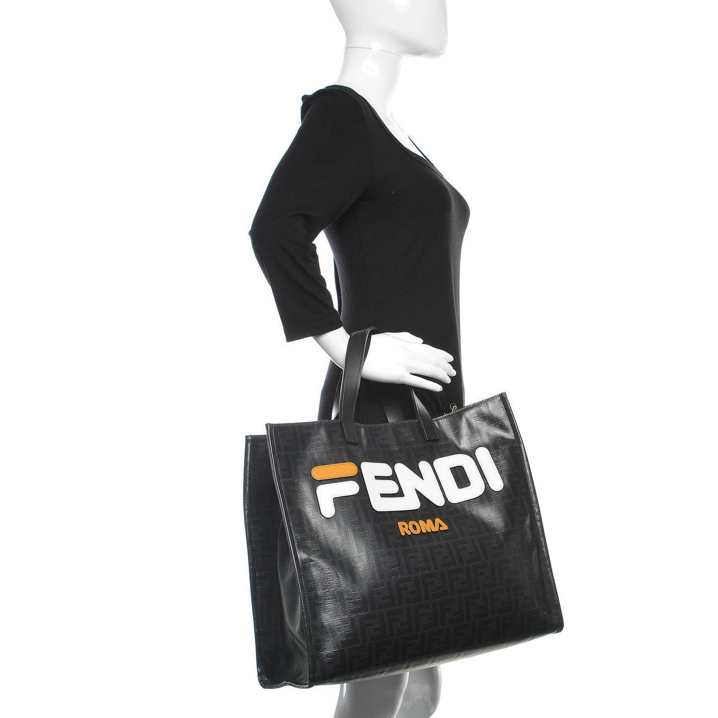 X FILA Glazed Fabric FF 1974 Mania Shopping Tote Bag Black White