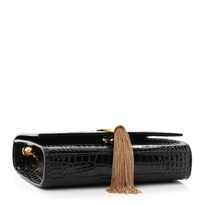 Saint Laurent Calfskin Crocodile Embossed Small Classic Monogram Kate Tassel Satchel Black 4 of 10