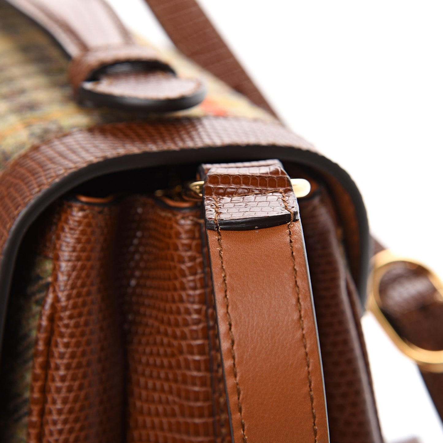 Tweed Calfskin Lizard Embossed Side Messenger Bag Brown