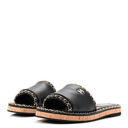 Chanel Lambskin Chain Cork Slide Sandals 38 Black 4 of 9