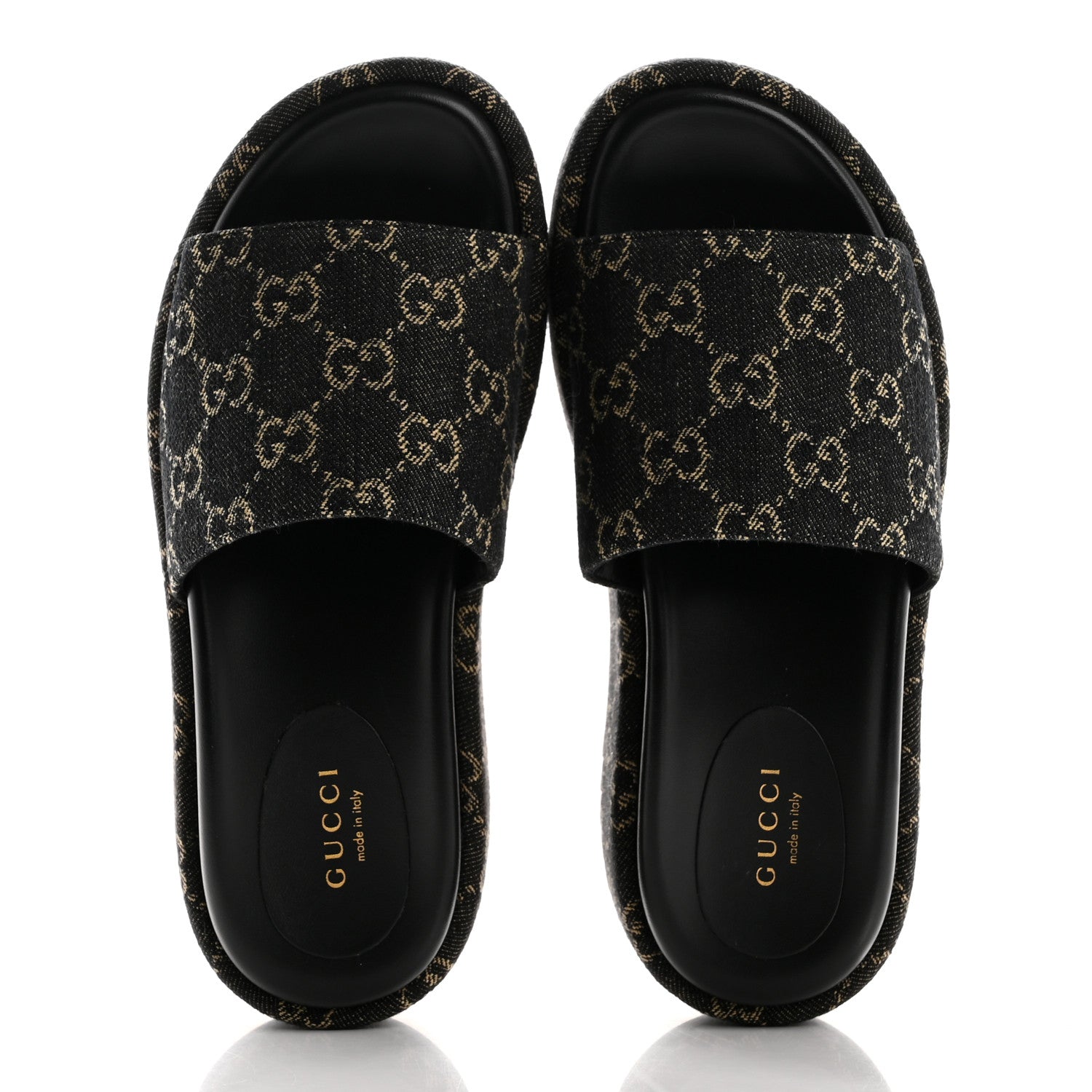 Gucci Jacquard Black Denim GG Monogram Angelina Platform 55mm Slide Sandals 36 Black Ivory 2 of 10