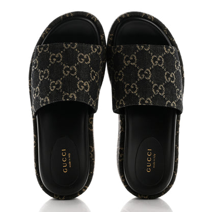 Gucci Jacquard Black Denim GG Monogram Angelina Platform 55mm Slide Sandals 36 Black Ivory 2 of 10