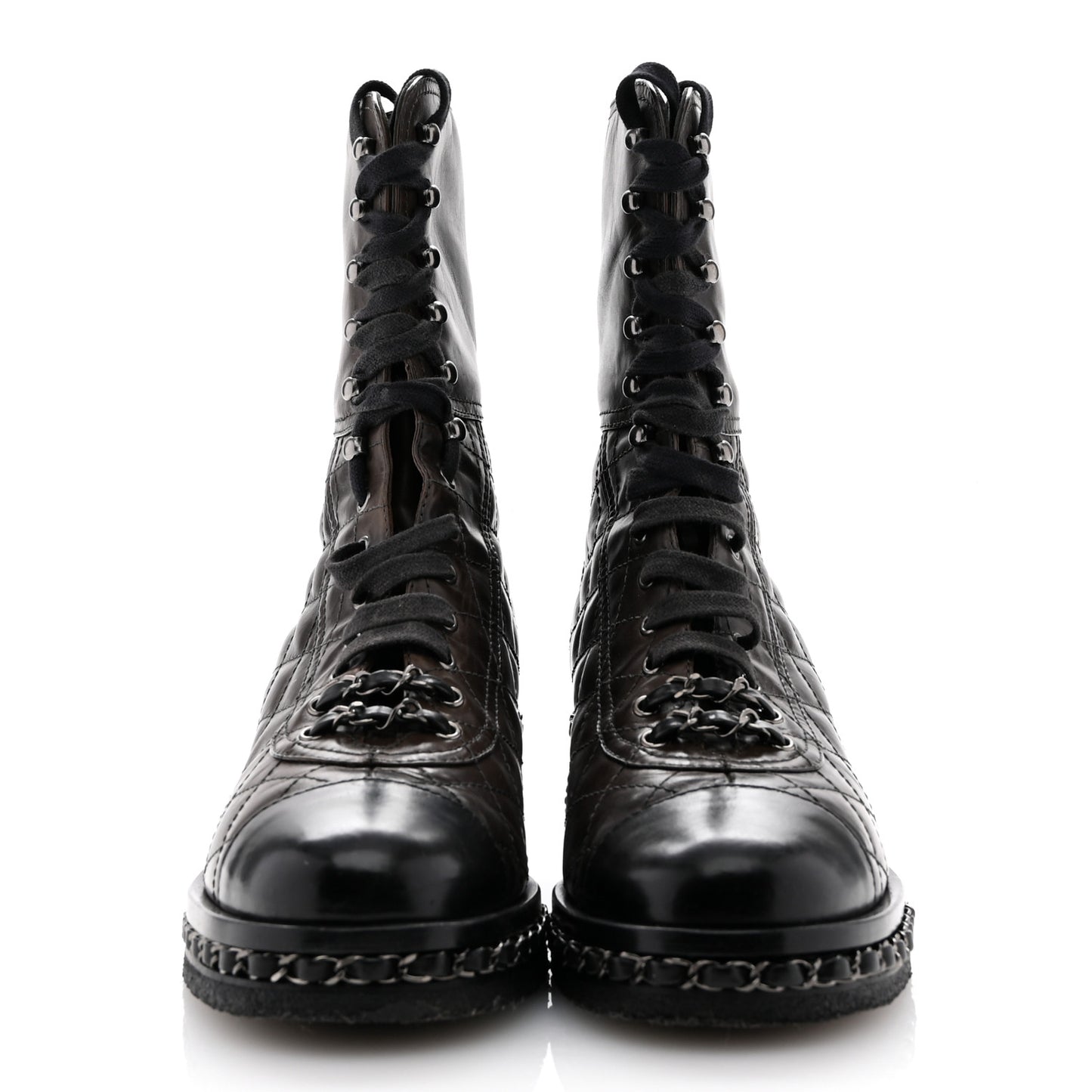 Calfskin Quilted Chain Around Combat Boots 39.5 Dark Brown