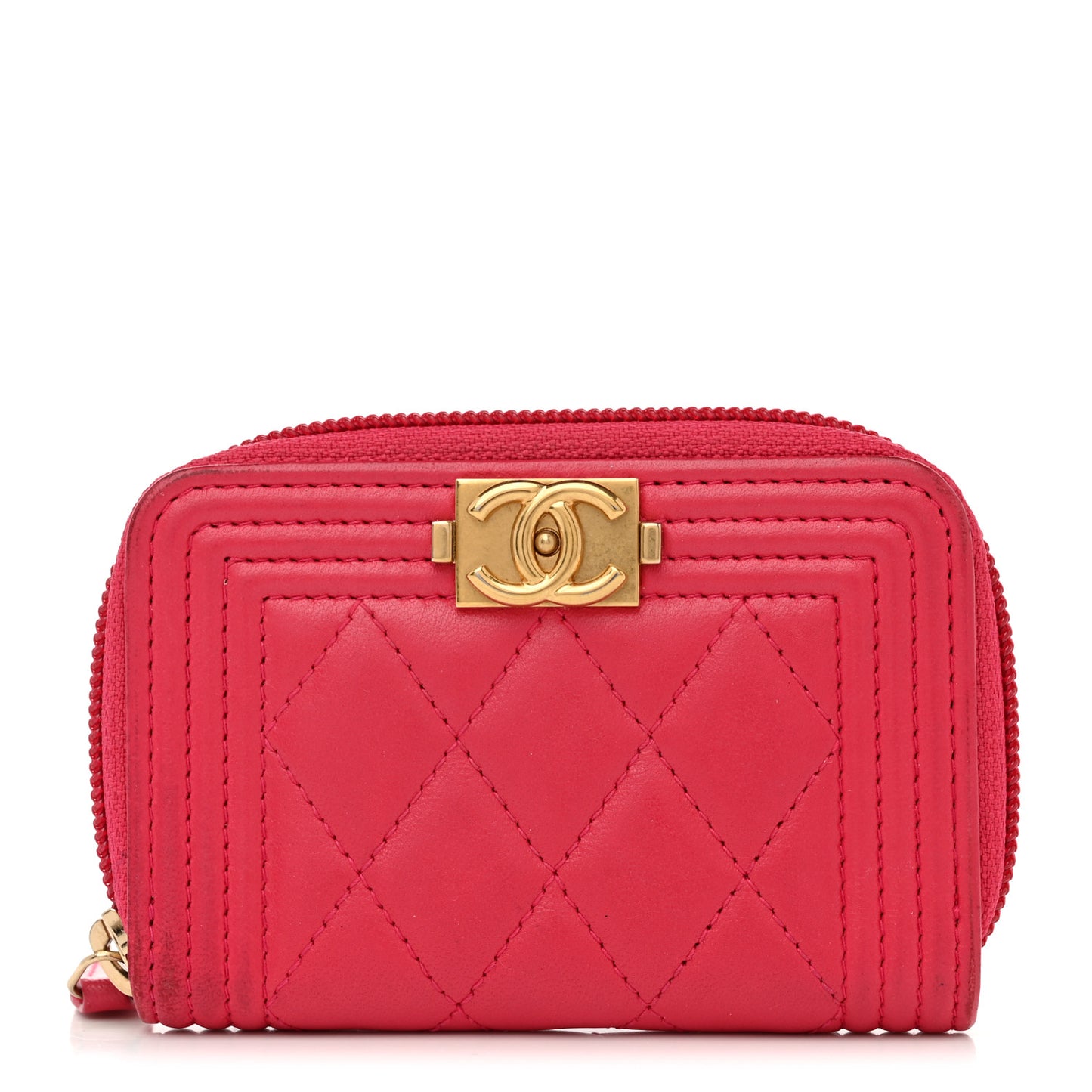 Lambskin Quilted Boy Zip Around Coin Purse Wallet Fuchsia