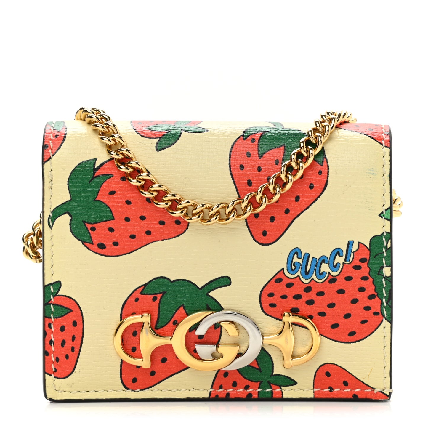 Calfskin Strawberry Print Zumi Chain Card Case Wallet Ivory Red