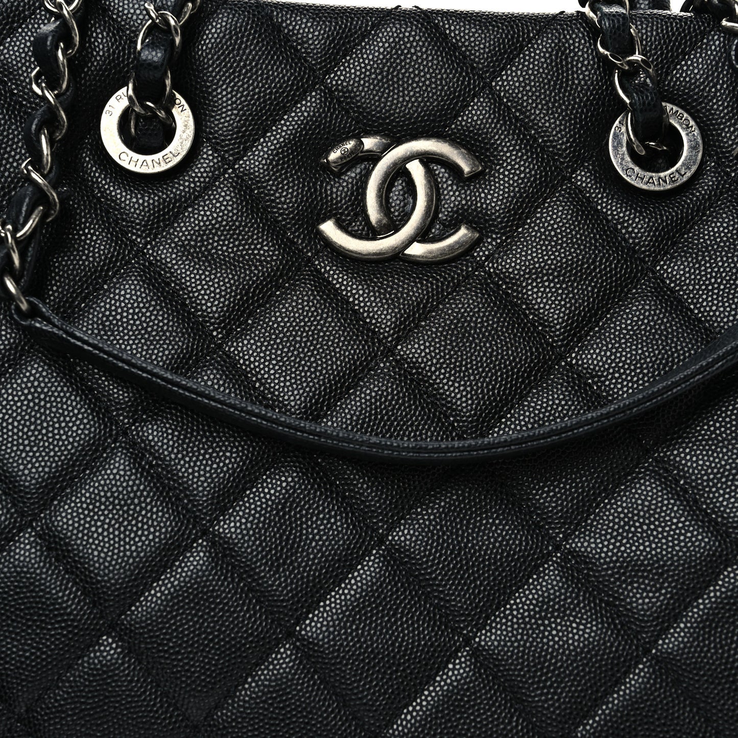 Caviar Quilted Large Coco Handle Shopping Tote Black