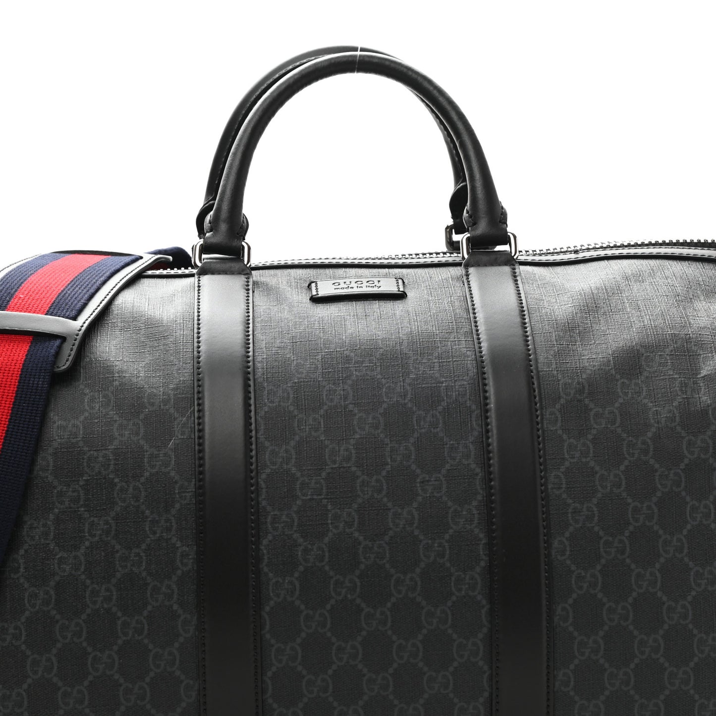 Soft GG Supreme Monogram Appia Calfskin Web Large Carry On Duffle Bag Black Grey