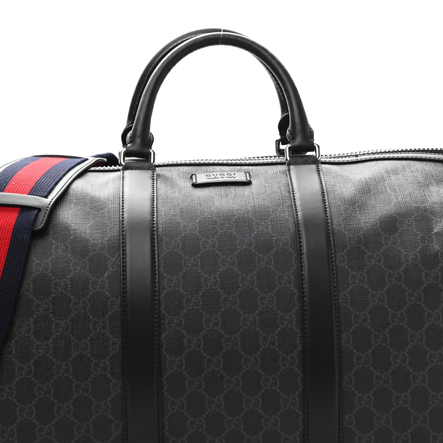 Gucci Soft GG Supreme Monogram Appia Calfskin Web Large Carry On Duffle Bag Black Grey 8 of 11