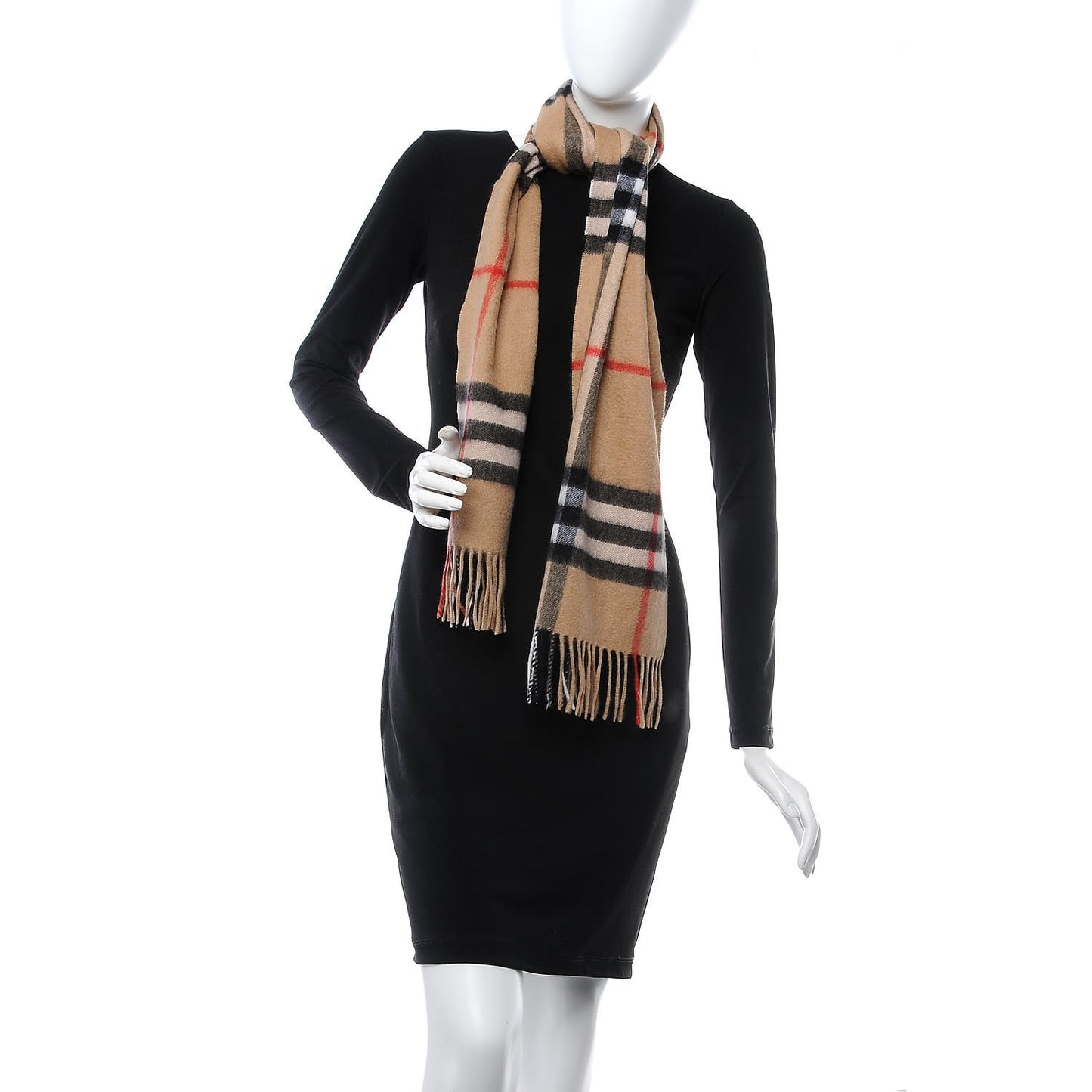 Cashmere Giant Check Fringe Scarf Camel