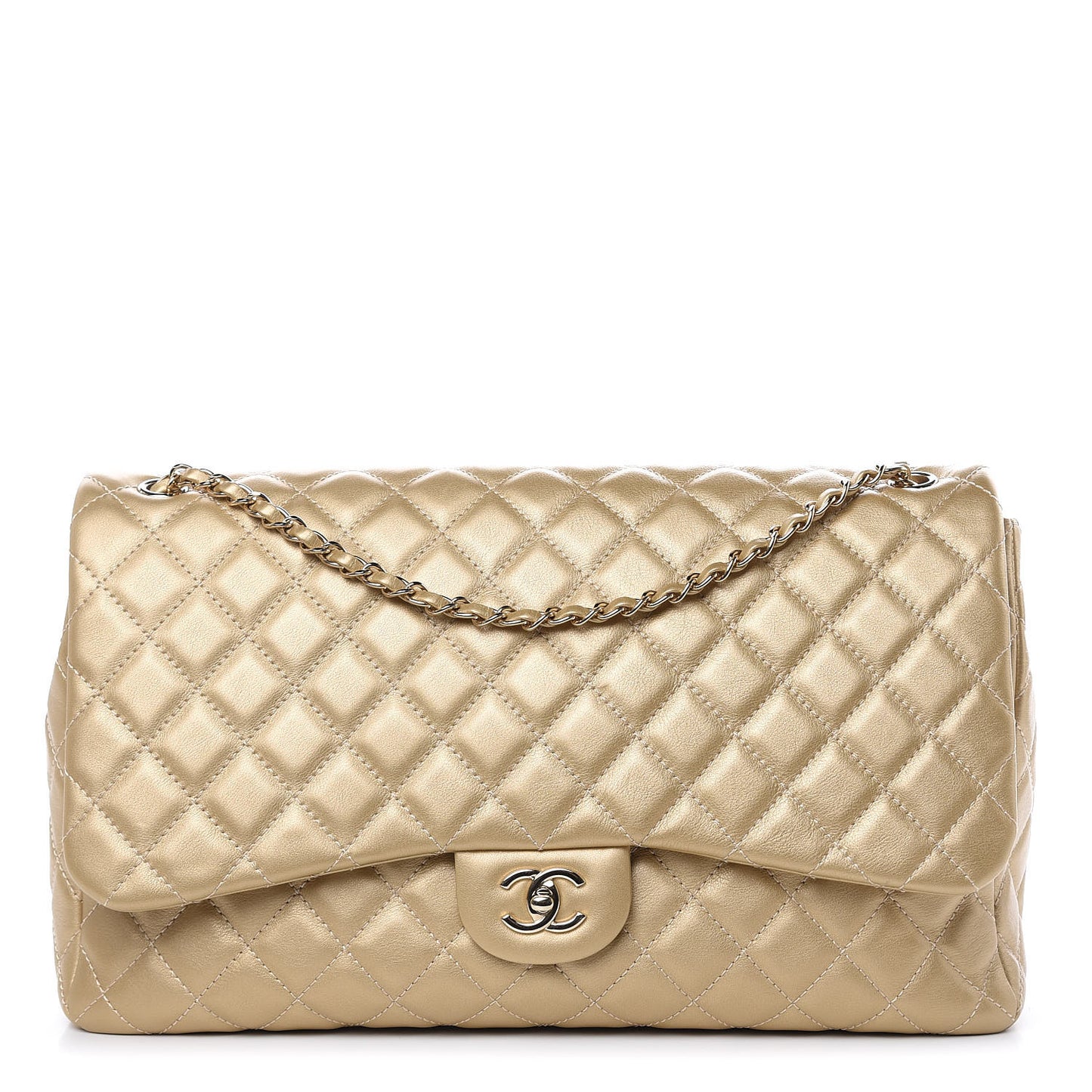 Metallic Calfskin Quilted Small XXL Travel Flap Bag Gold