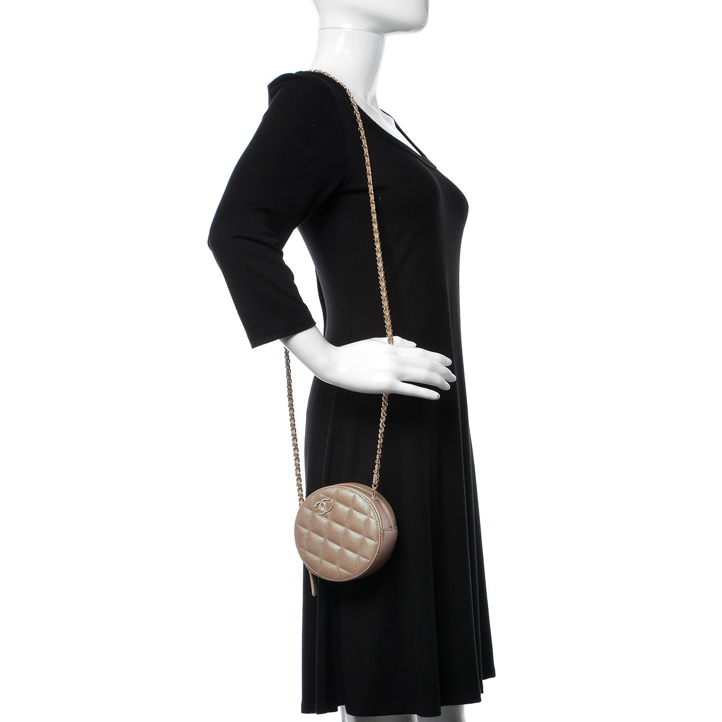Iridescent Caviar Quilted Round Clutch With Chain Beige