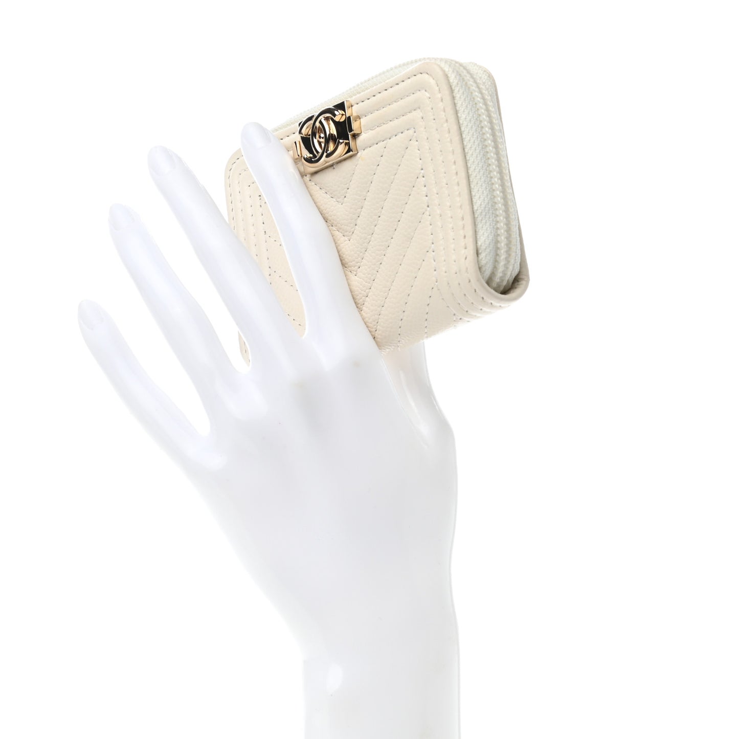 Caviar Chevron Quilted Boy Zip Around Coin Purse Wallet White