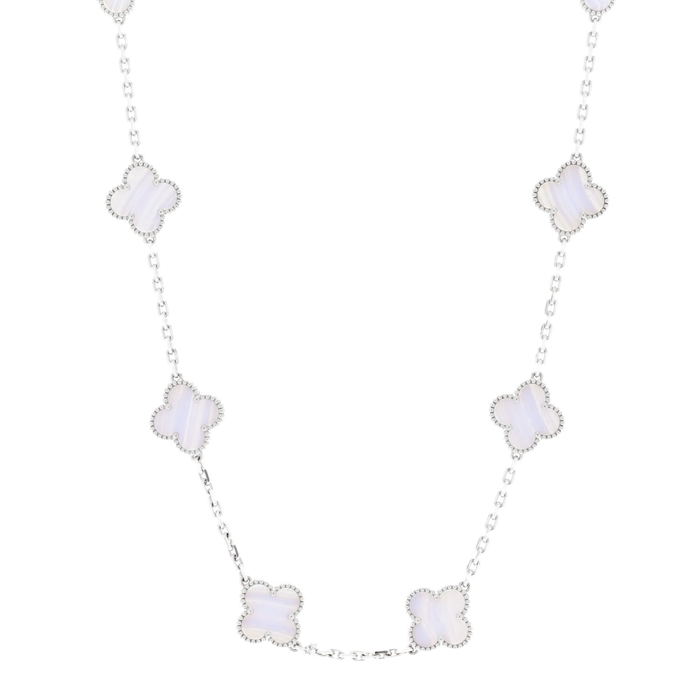 18K White Gold Chalcedony 10 Motifs Vintage Alhambra Necklace