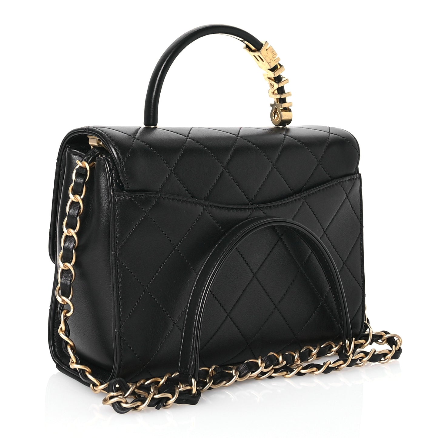 Lambskin Stitched Pearl Logo Top Handle Flap Black