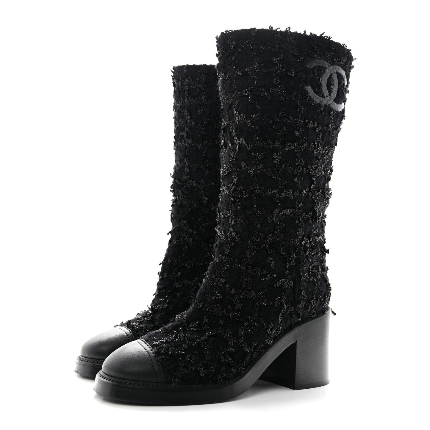 Iridescent Wool Silk Tweed Calfskin CC Cap Toe High Boots 37 Black