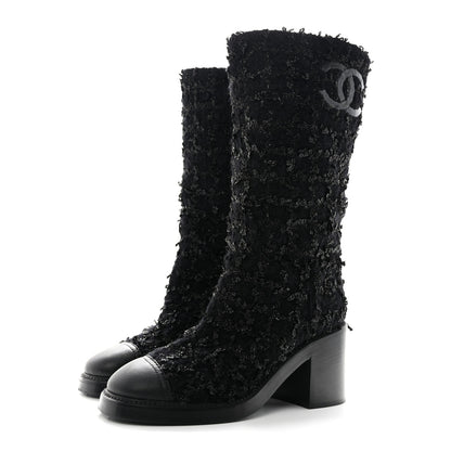 Chanel Iridescent Wool Silk Tweed Calfskin CC Cap Toe High Boots 37 Black 3 of 12