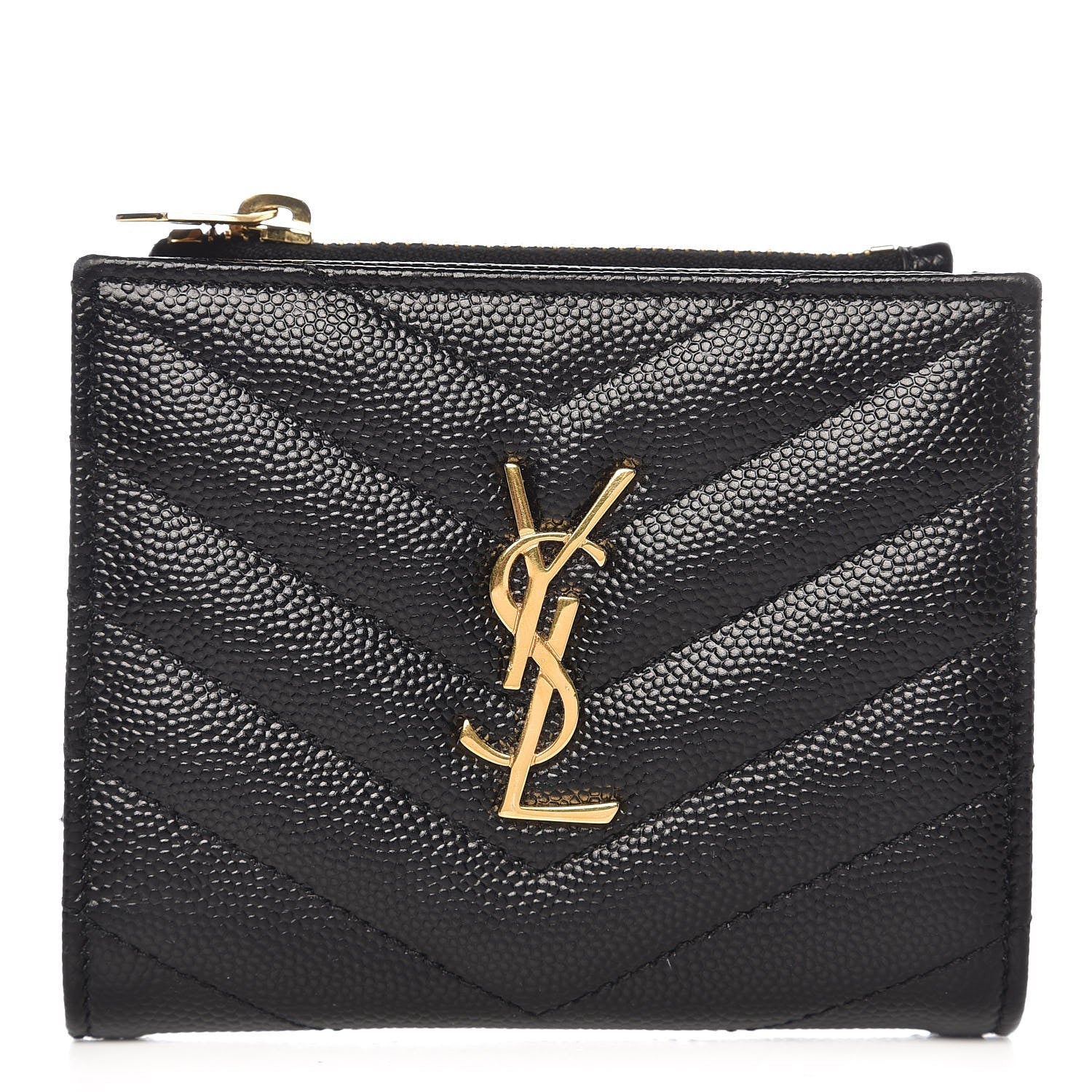 Saint Laurent Grain De Poudre Matelasse Chevron Monogram Zipped Card Case Black 1 of 8