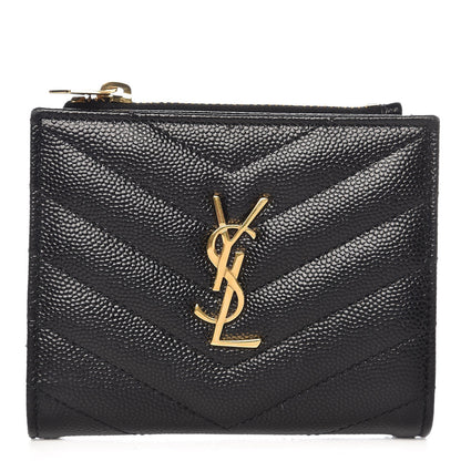Saint Laurent Grain De Poudre Matelasse Chevron Monogram Zipped Card Case Black 1 of 8