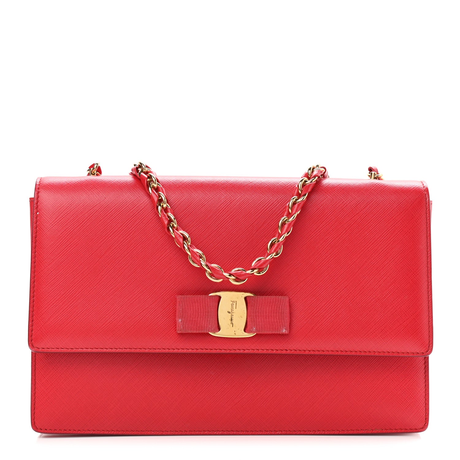 Salvatore Ferragamo Hammered Calfskin Vara Bow Chain Bag Red 1 of 11