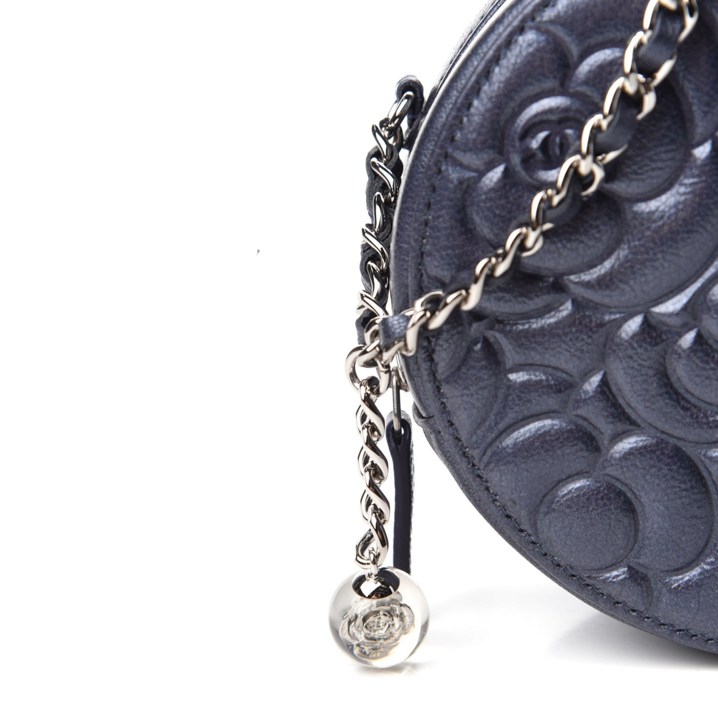 Goatskin Camellia Embossed Round Clutch With Chain Dark Blue
