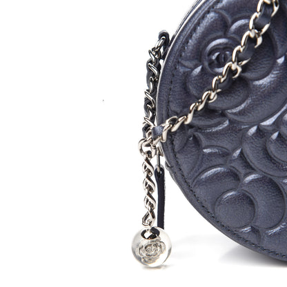 Chanel Goatskin Camellia Embossed Round Clutch With Chain Dark Blue 10 of 12