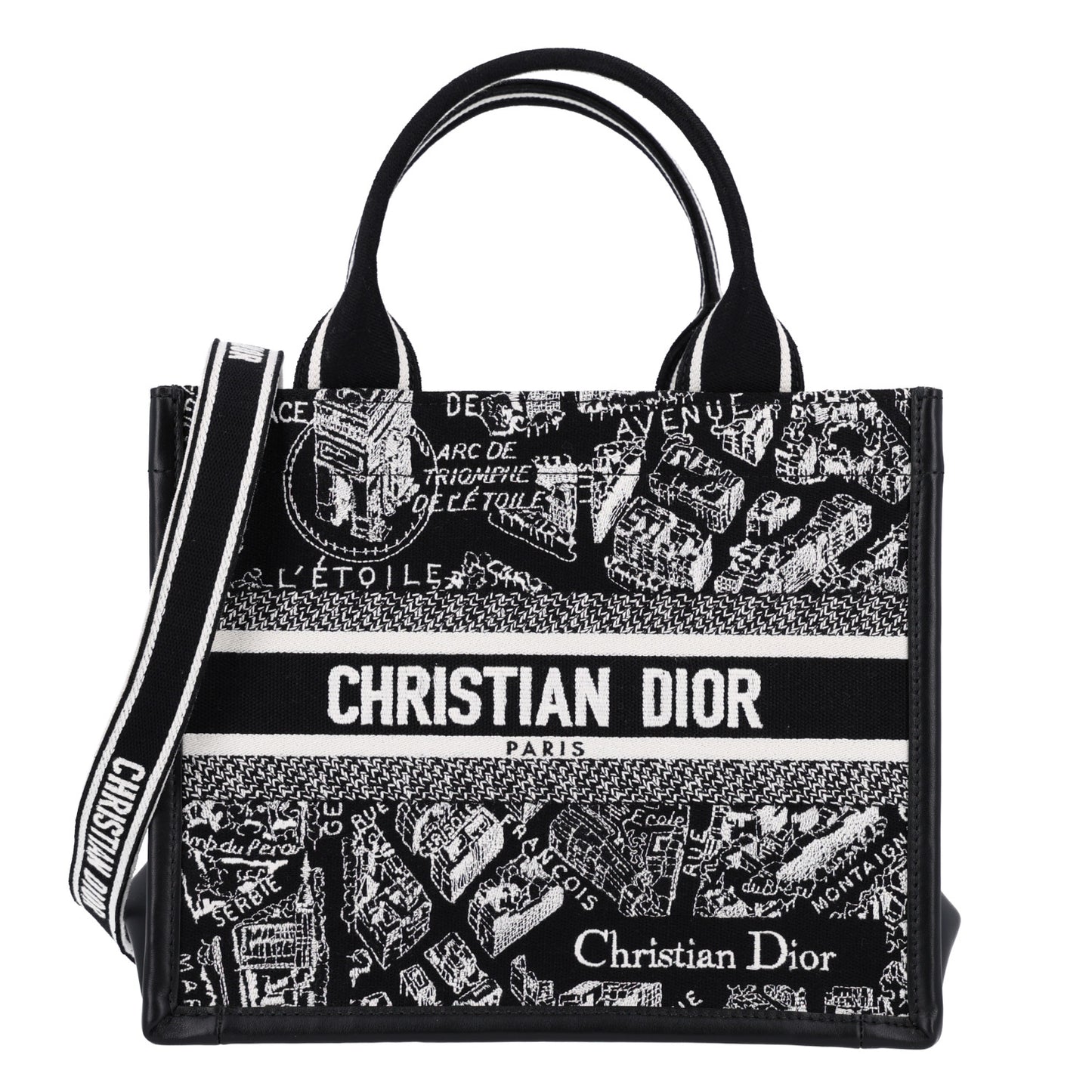 Canvas Calfskin Embroidered Small Plan De Paris Book Tote With Strap Black White