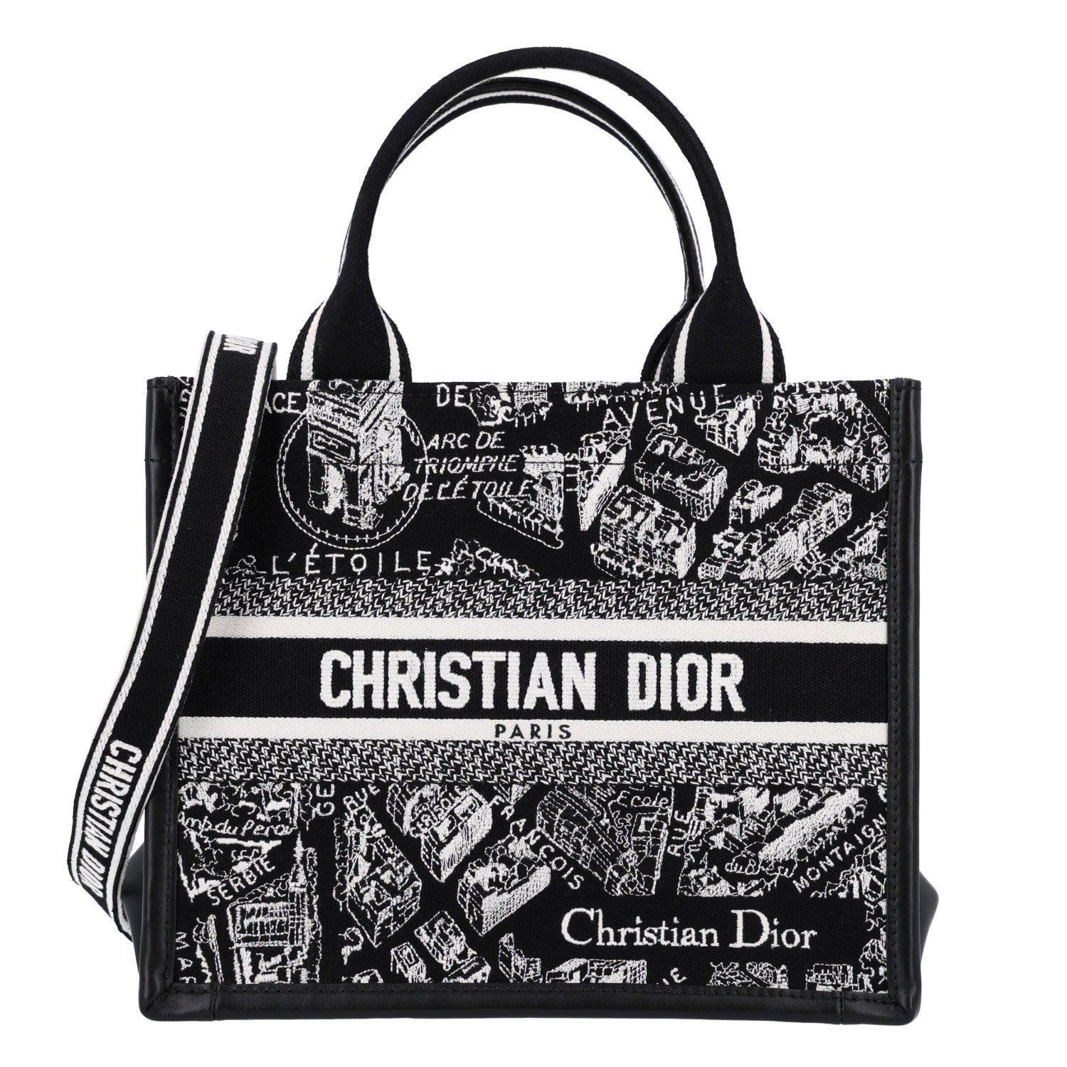 Christian Dior Canvas Calfskin Embroidered Small Plan De Paris Book Tote With Strap Black White 1 of 10