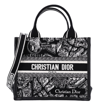 Christian Dior Canvas Calfskin Embroidered Small Plan De Paris Book Tote With Strap Black White 1 of 10