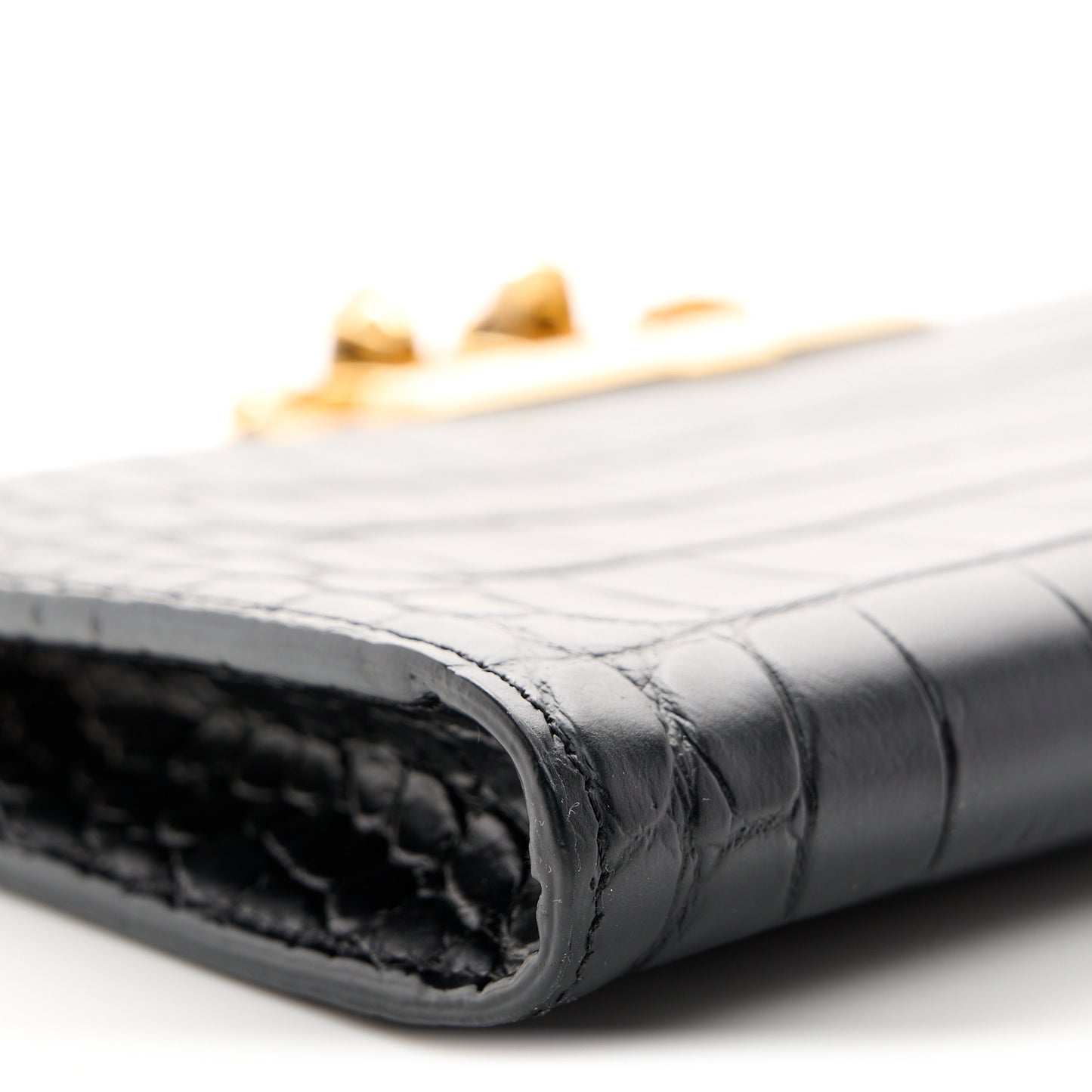 Calfskin Crocodile Embossed Knuckle Flat Clutch Black Gold