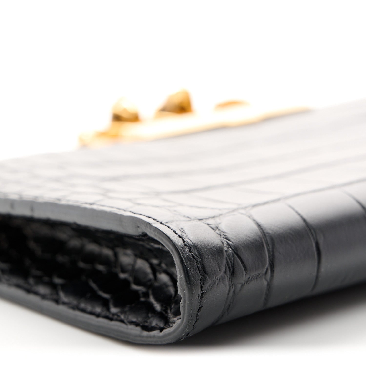 Alexander McQueen Calfskin Crocodile Embossed Knuckle Flat Clutch Black Gold 9 of 10