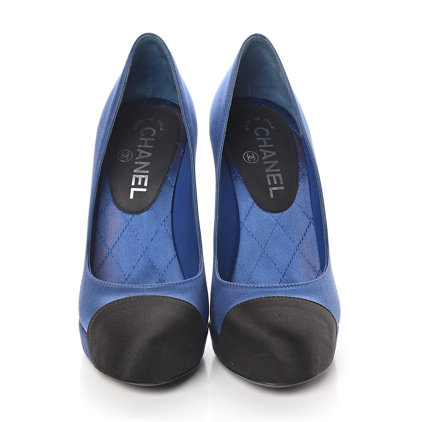 Satin CC Pearl Cap Toe Platform Pumps 37 Blue Black
