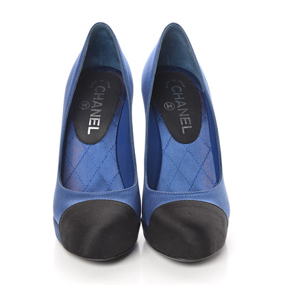 Chanel Satin CC Pearl Cap Toe Platform Pumps 37 Blue Black 2 of 7