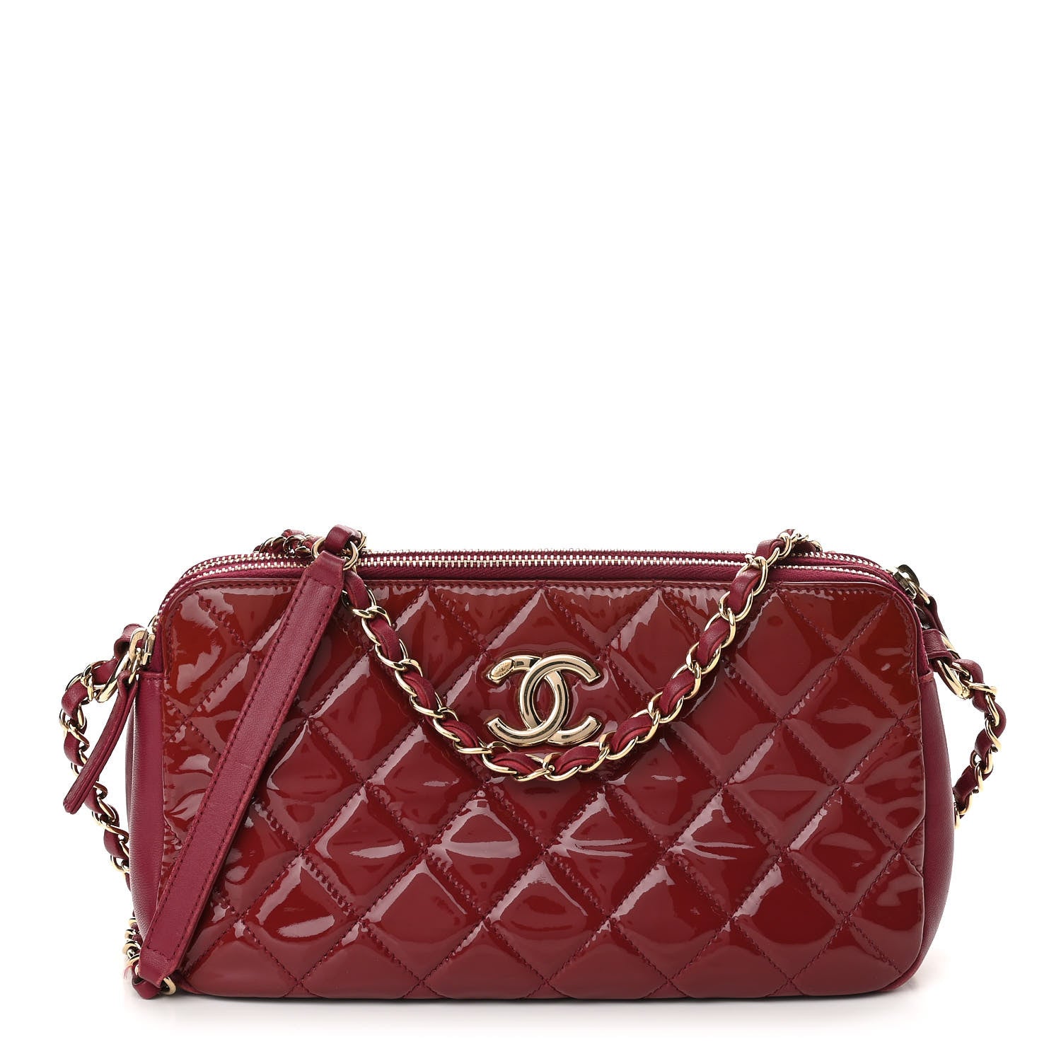 Chanel Patent Quilted Crown CC Double Zip Bag Dark Pink 1 of 10
