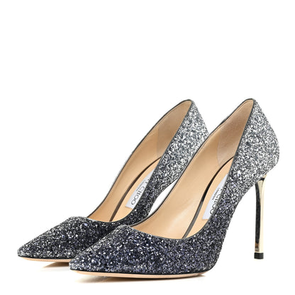 Jimmy Choo Coarse Glitter Degrade Pointy Toe Romy 100 Pumps 37.5 Navy Silver 3 of 11