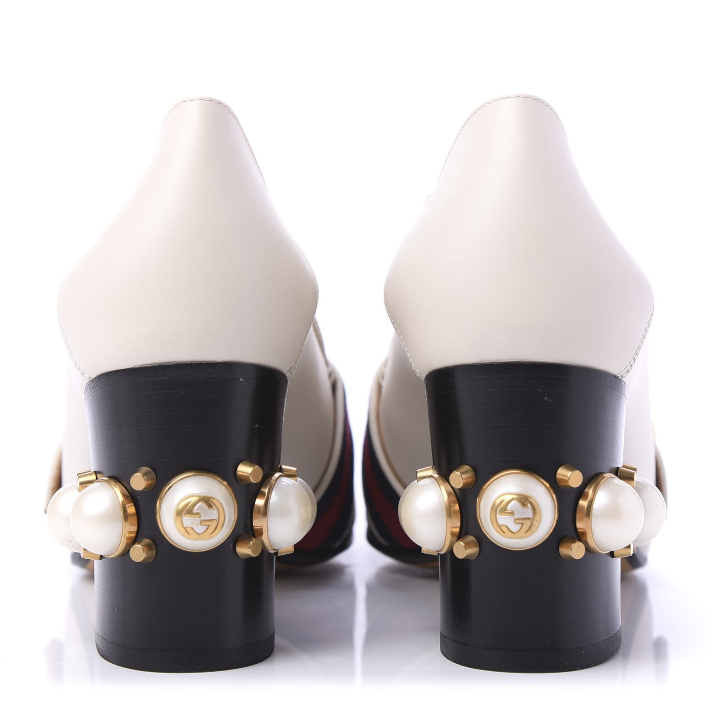 Betis Glamour Calfskin Web Pearl Embellished Peyton 75mm Loafer Pumps 38 Mystic White