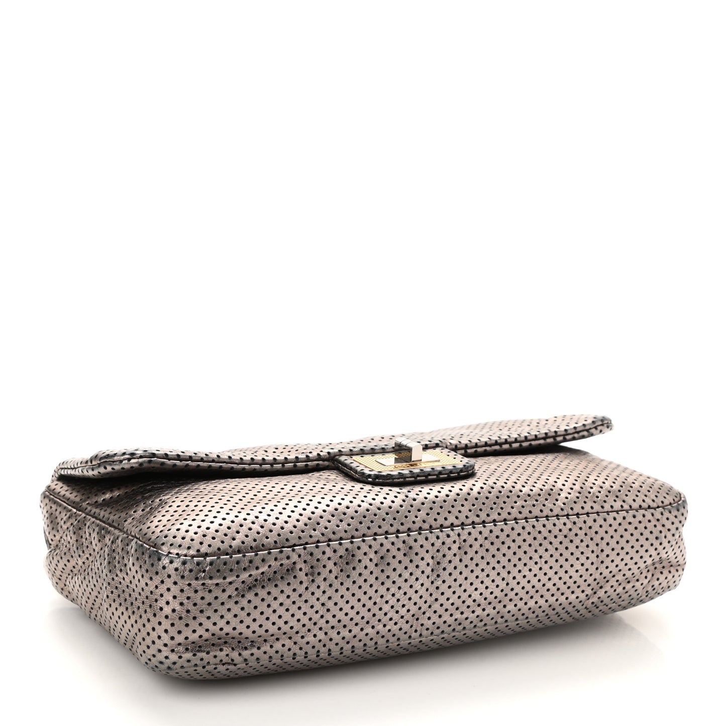 Metallic Crackled Calfskin Perforated Drill Flap Silver