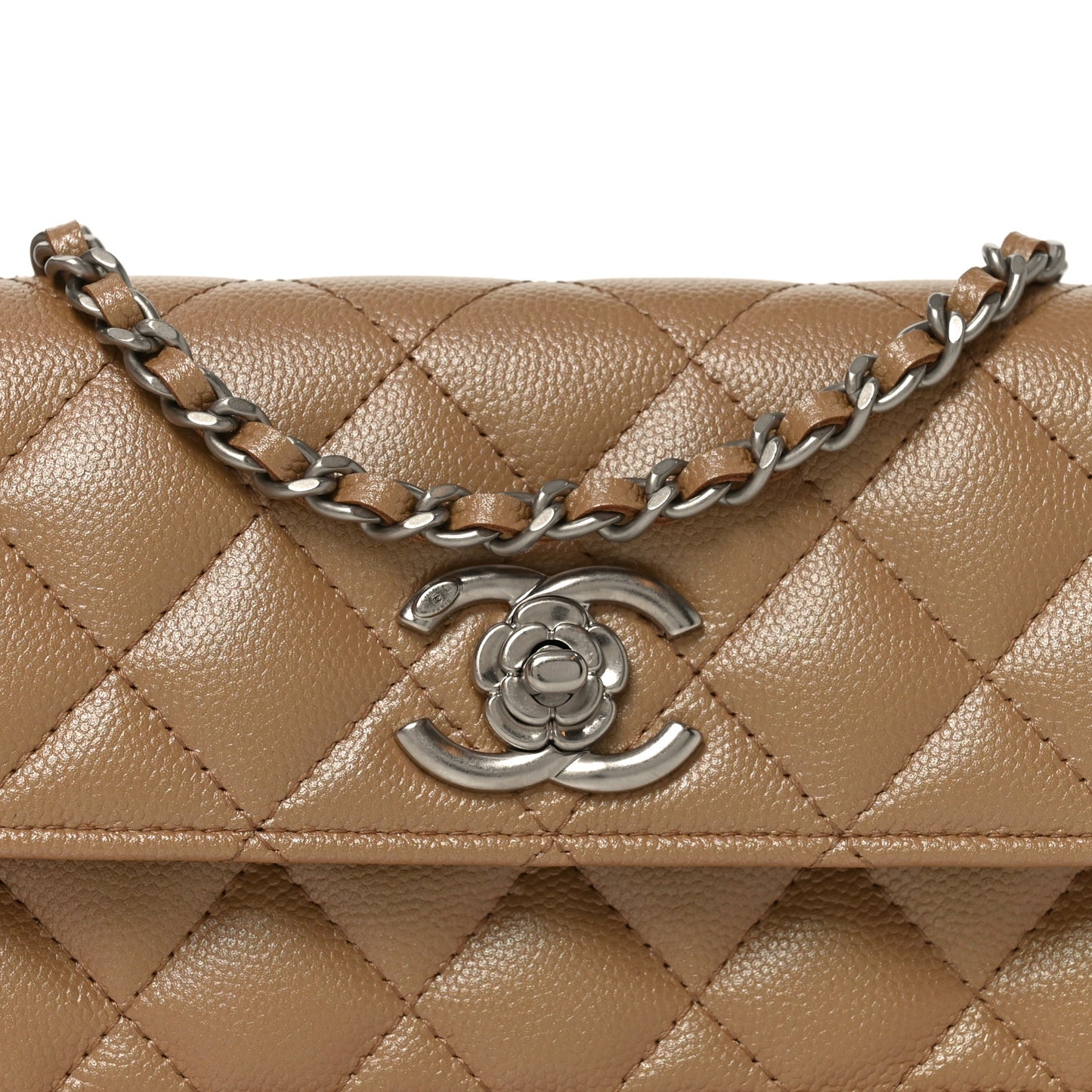 Iridescent Caviar Quilted Camellia Phone Holder With Chain Beige