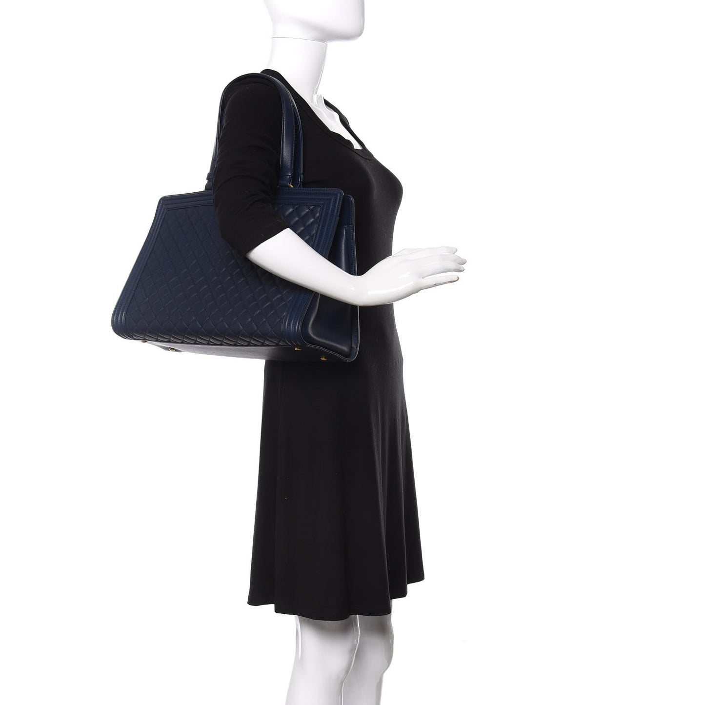 Calfskin Quilted Boy Shopping Tote Navy Blue