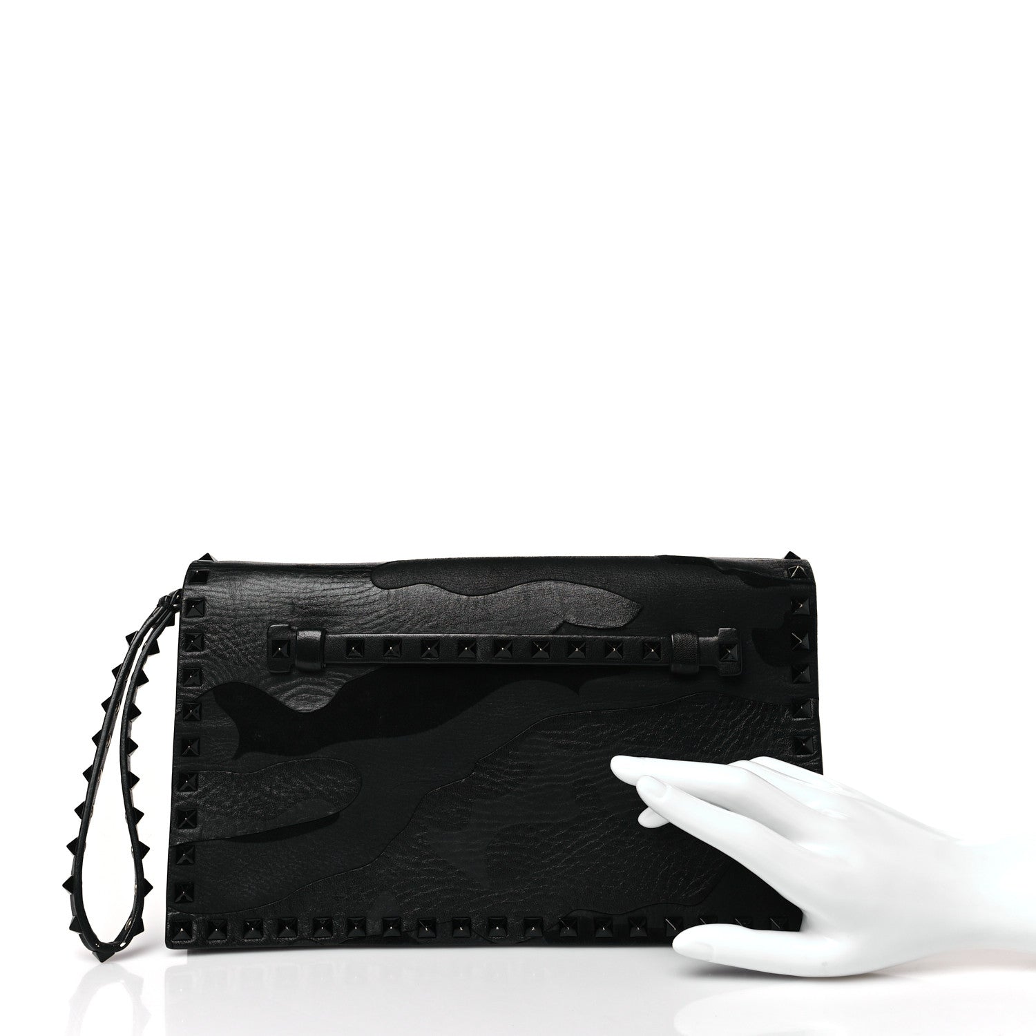 Valentino Garavani Nappa Canvas Camouflage Rockstud Wristlet Clutch Black 2 of 9