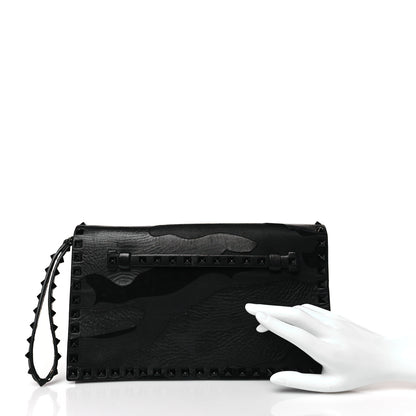 Valentino Garavani Nappa Canvas Camouflage Rockstud Wristlet Clutch Black 2 of 9
