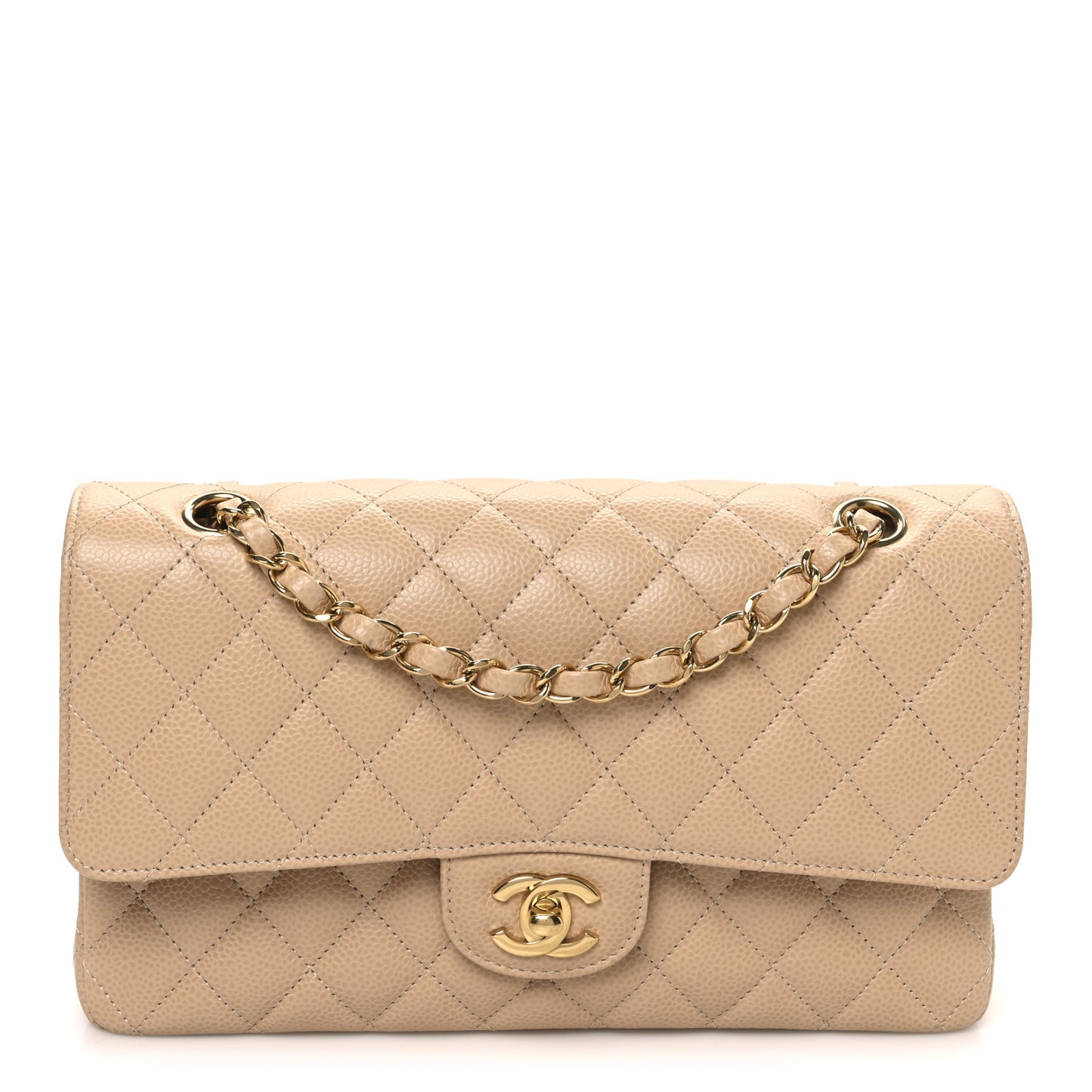 Caviar Quilted Medium Double Flap Beige