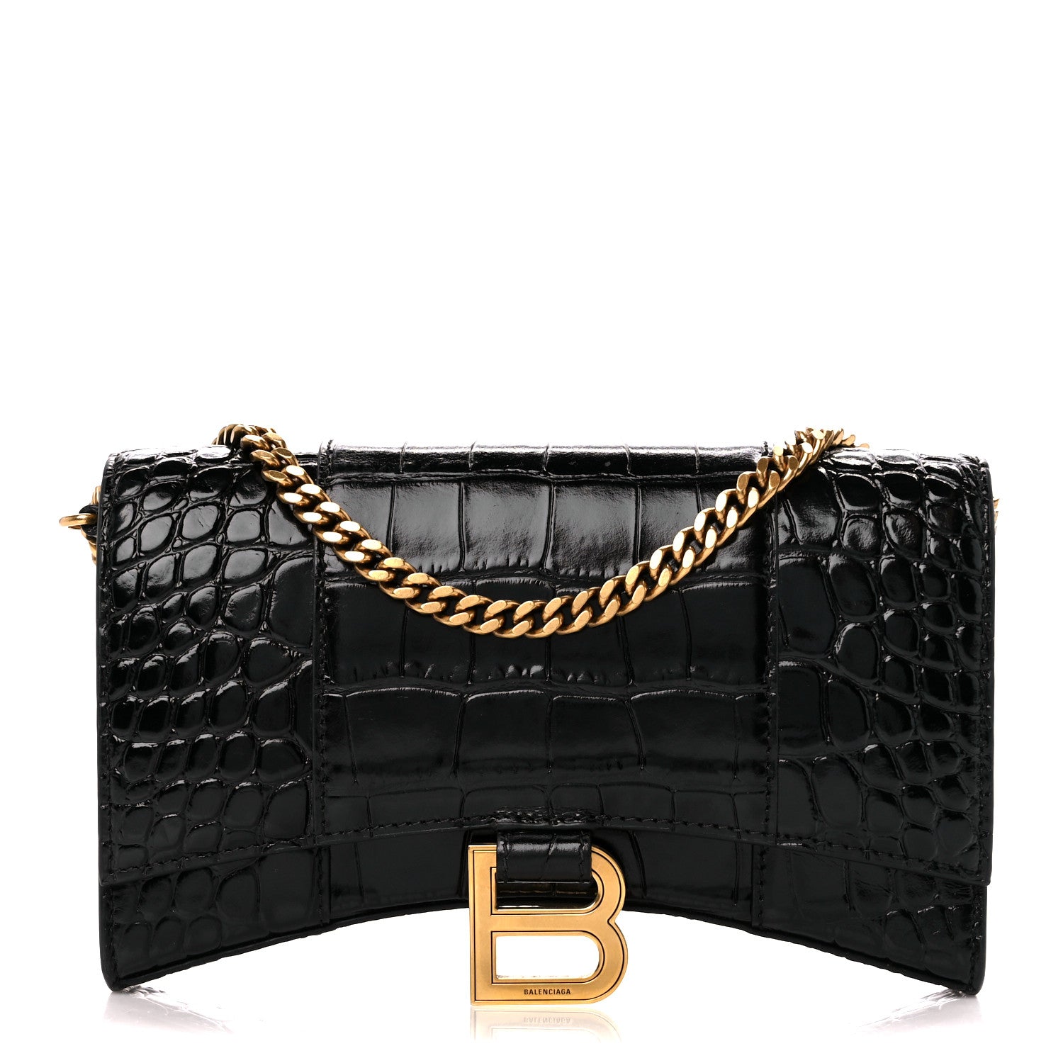 Balenciaga Shiny Calfskin Crocodile Embossed Hourglass Chain Bag Black 1 of 9