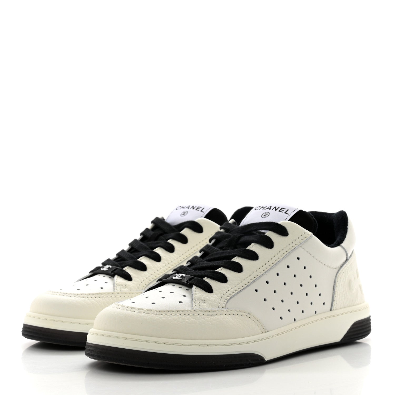 Chanel Grained Calfskin Fabric Womens Logo Sneakers 39.5 White Black 3 of 9