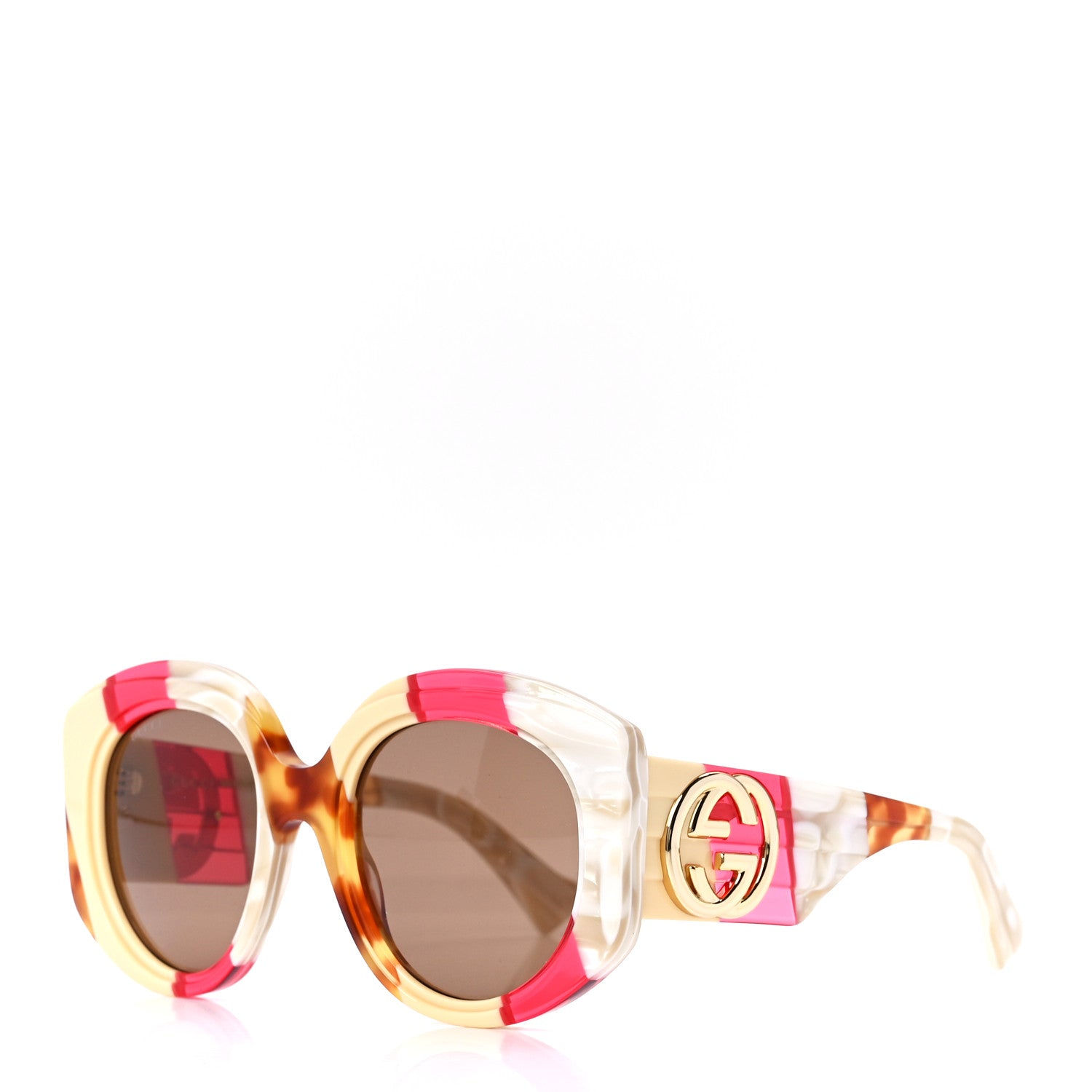 Gucci Acetate Round Frame Sunglasses GG1308S White Pink Tortoise 1 of 9